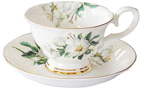 Floral Kaffeetasse aus Bone Porzellan - Europäische Tasse mit Untertasse, Vintage Blumendesign, 200 ml - Nachmittagstee Party Supplies (A)