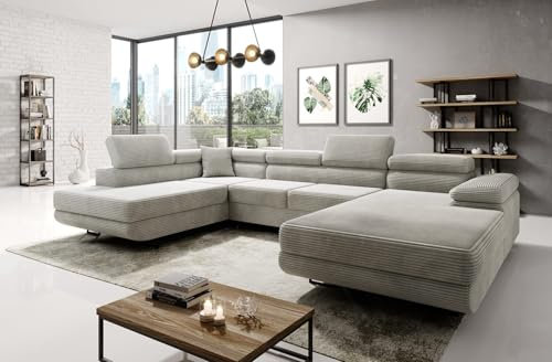 Easy4You Ecksofa Creme Astorp Kord U-Form – 345 cm - Schlafsofa mit Bettkasten und Schlaffunktion - Eckcouch mit Stauraum und Metallfüße – Links – Stoff Kord Poso 100