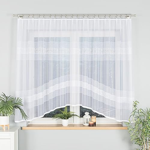 Gardinen Vorhangen Weiß 300x140 cm (BxH) Bravia Stores Küchengardinen Gardinen Kurz Jacquard Scheibengardine Vorhänge Fertiggardine Bogen Kurzstores Bistrogardine