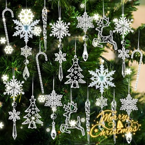 Gloryit Istapp snöflinga akryl hänge 18 stycken kristallsnöflingor julgransprydnad ren snöflingor julgran dekoration ornament nyckelring pysselset presenter