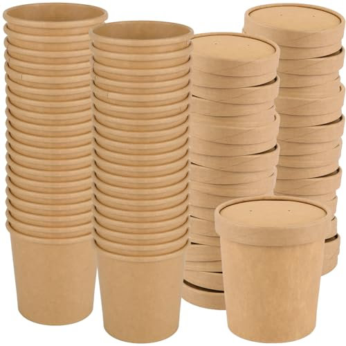 ZOFUN 50 vasos de papel kraft de cartón marrón, 480 ml, para llevar con tapa marrón, desechables para sopa, ensaladas, helados