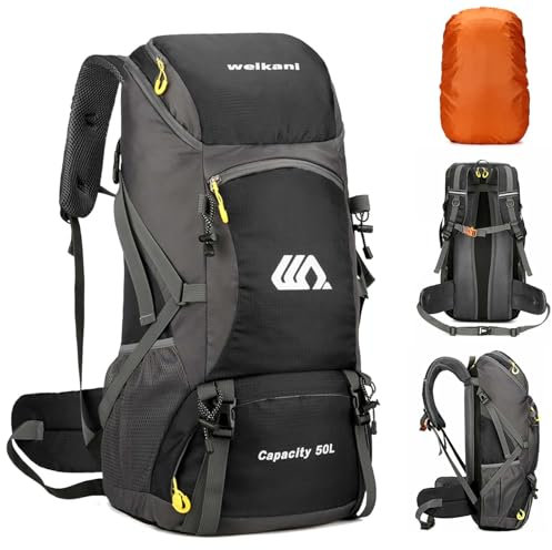 DEARBAG Wanderrucksack Herren 50L Reiserucksack Damen Trekkingrucksack Großer Wasserdichter Rucksack Schwarz Wandern Rucksäcke mit Regenhülle für Radsport Wandern Camping Bergsteigen Sport Outdoor