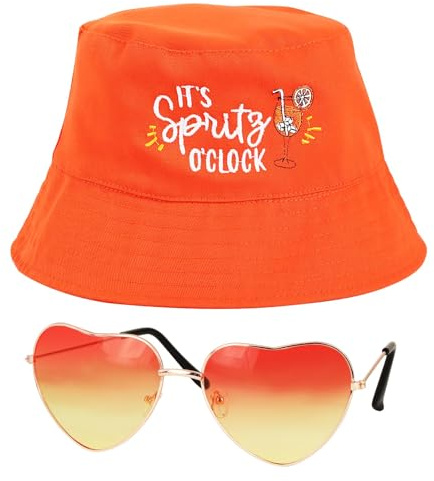 BOFUNX Apero Spritz Fischerhut Anglerhut + Retro Orange Brillen in Herzform Apero Party Hut Apero Geschenk für Apero Liebhaber Fasching Karneval Cosplay Kostüme Accessoires