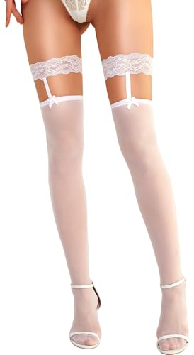 RSLOVE Women's Thigh High Stockings - Silicone Lace Top Sheer Stocking Sexy Bow Suspenders Pantyhose White One Size