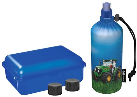 Emil Trinkflasche aus Glas inkl. Brotbox & Ersatzverschlüsse – Starterset zur Einschulung - BPA-frei & schadstofffrei, isolierend – Ziehverschluss für Wasser, Saft & Milch – Traktor (0,4l)