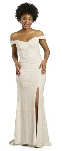 David's Bridal The Edit Studio Soft White Corset Bodice Lace Off The Shoulder A Line Wedding Dress with Side Slit, Bridal Gown with Flattering A Line Silhouette for Ceremonies and Reception - 2X