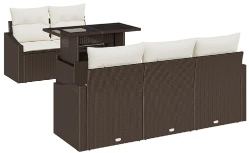 vidaXL 6-teiliges Garten-Sofaset mit Kissen in Braun und Beige aus Poly-Rattan. Das modulare Sommer-Sitzmöbel ist perfekt für die Terrasse oder den Patio, ideal zum Entspannen.