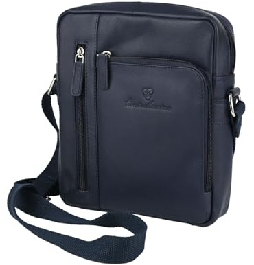 CM Conte Massimo Herren Umhängetasche Echtleder, Schultertasche Klein mit Verstellbarem Gurt, Crossbody Bag Blau