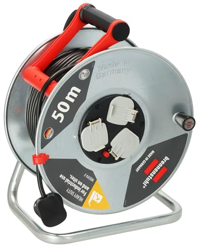 Brennenstuhl Garant - Carrete de cable de 50 m (fabricado en Alemania, cable de extensión con 3 enchufes y protección térmica, cuerpo de carrete de acero inoxidable, mango ergonómico)