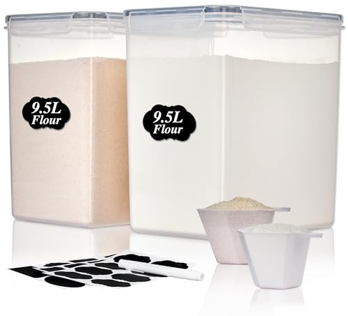 Vtopmart 9.5L 2 Pack Extra Large Flour Sugar Storage Containers for 25lbs flour, Airtight Kitchen Pantry Organization Canisters with Lids for Bulk food, Rice, Baking Supplies, BPA Free, Black
