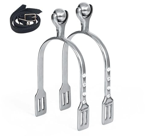 Horse Riding Spurs, Steel Roller Ball Jewel with Straps (Polish)