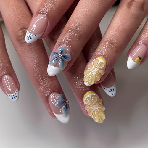 Viugex 24Pcs Press on Nails Kurz Mandel, Orange Blau Blumen Künstliche Nägel Zum Aufkleben, Natürlich Wiederverwendbare Kunstnägel mit Nagel Klebepads, Glänzende Acryl Falsche Nägel für Frauen Mädchen