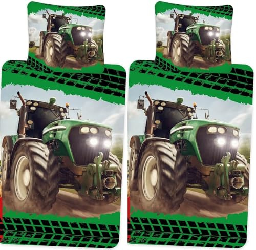 rainbowFUN.de Traktor Partner-Bettwäsche mit Wendemotiv für 2 Personen Doppelbett Trecker Bettbezug 135x200 Kissenbezug 80x80 Baumwolle