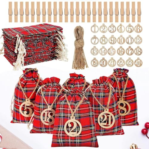 Adventskalender zum Befüllen Jutesäckchen Rot Weihnachten Geschenksäckchen 24 Stück mit Zahlen Holz Deko Stoffbeutel Weihnachtskalender Bastelset Säckchen 10x15 cm (B)