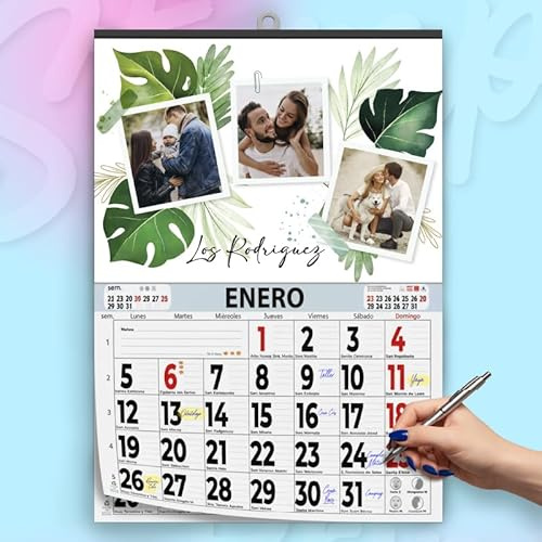 Calendario 2026 de Pared Personalizado con Fotos – Almanaque Grande 43,5x62 cm en Cartulina 350gr con Faldilla Mensual y Colgador – Planificador Familiar Ideal como Regalo Original Navidad (Modelo 1)