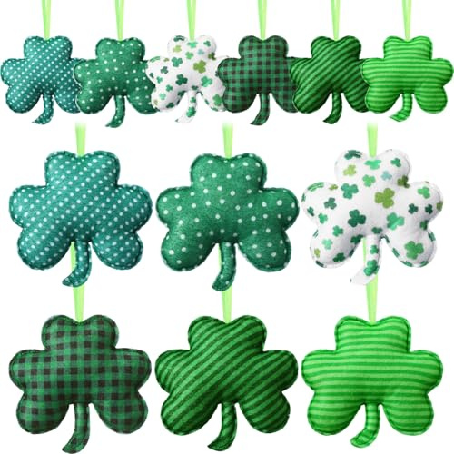 Breling 12 Pieces St Patrick's Day Felt Shamrocks Ornaments for Tree 4.72 Inch 3D Shamrocks Hanging Decorations Small Green Felt Hanging Decoration for Wedding Anniversary Party Decor DIY Crafts