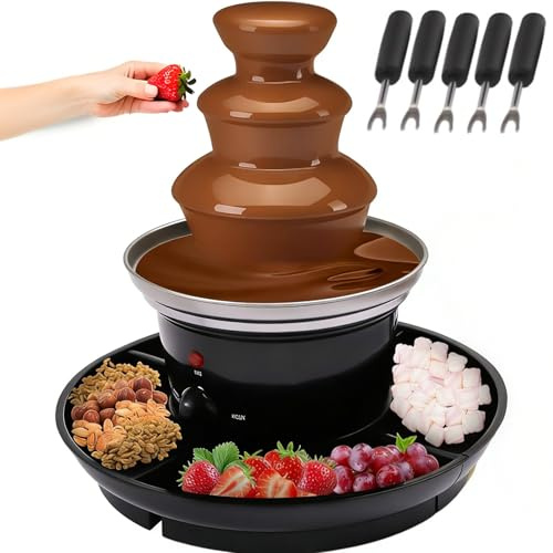 3 Tier Commercial Chocolate Fountain, 1LBS Hot Chocolate Fondue Tower, 120V 40W Power 430 Stainless Steel Chocolate Waterfall Layer Tower w/5 Forks, Deepened Food Tray (3 Layers - Black)