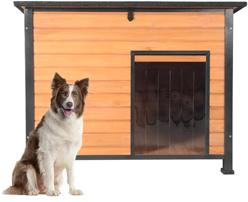 Outdoor Wooden Cat Dog House, Large Size, Weatherproof with Asphalt Roof, Windproof and Waterproof, Metal Reinforced Frame, Insulated Pet Shelter (Brown, Large)