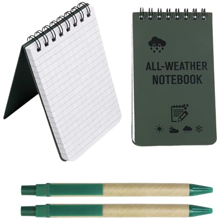 SNMYGS 2 Pack Waterproof Notebook with Top Spiral, Pocket All-Weather Notepad Set with 2 Kraft Paper Pens, Mini Field Memo Pads for Outdoor Notes, Office Home, Green