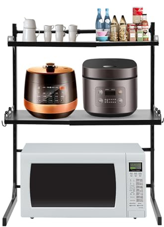 QUIOTUIR - Estantería de microondas de 3 niveles, extensible y regulable en altura con ganchos, soporte para microondas, capacidad de 15 kg, estante plano de trabajo para microondas, 39-62 x 33 x 74