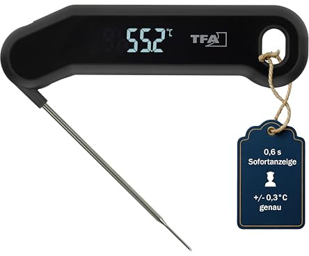 TFA Dostmann Digital köttermometer 0,6 s snabbmätning, 14.1519, grilltermometer, 0,3 °C exakt, termometer, matlagning, stektermometer, för kök grill BBQ bakning, kökstermometer, svart
