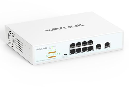 WAVLINK Switch PoE+ Gigabit 10 porte non gestito,8×PoE 120W,Modalità VLAN | Switch GbE 10 porte:8×PoE+802.3af/at,120W totali,30W/porta,2×GbE Uplink,Mod.Predef./VLAN/Estensione 250m,Custodia metallica