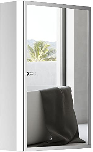 HOMCOM Bathroom Mirrored Cabinet, Vertical 16 x 24 Stainless Steel Frame Medicine Cabinet, Wall-Mounted Storage Organizer with Single Door​