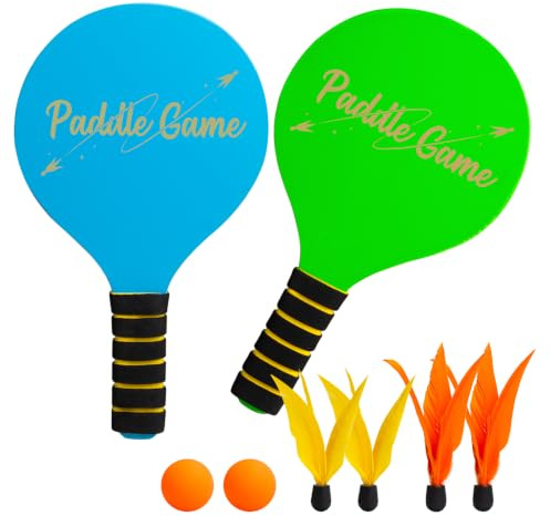 INPODAK Beach Bat and Ball Set, Kids Wooden Paddle Ball, Beach Ball Racket Set, Wood Racket Game- 2 Paddles 4 Birdies 2 Balls, Garden Family Game Toys for Boys Girls Teens Years Old
