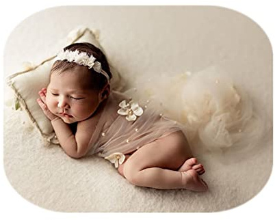 Coberllus Newborn Photography Props Boys Girls Wrap Blanket Baby Photo Shoot Floral Pearl Decorative Mesh Rug Layer Basket Filler (Cream)