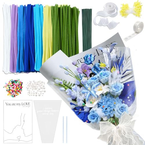 Ronronner 622 Stück Pfeifenputzer Zum Basteln, Pfeifenreiniger Blumen Set DIY mit 7 Farben, Pfeifenreiniger Bunt, Pipe Cleaner Flower Set, Pipecleaner mit Blumendraht DIY Schleifenbänder (Blau)