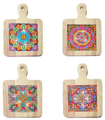 CXINLky DIY Diamond Art Painting - Vassoio manuale con 4 pezzi Diamond Art Tagliere in legno con manico con sottovaso per tavolo da pranzo, ristorante, dessert display, 02 mandala