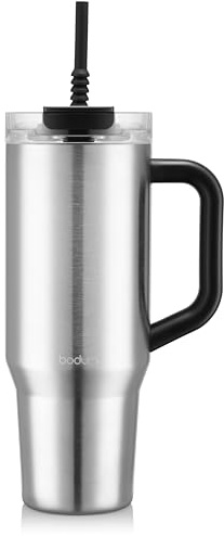 Bodum Travel Mug Tumbler 1.2 L Sleek Silver - Metal Water Bottle with Straw, Handle and Lid - Dishwasher Safe - For Cold Drinks and Warm Coffee