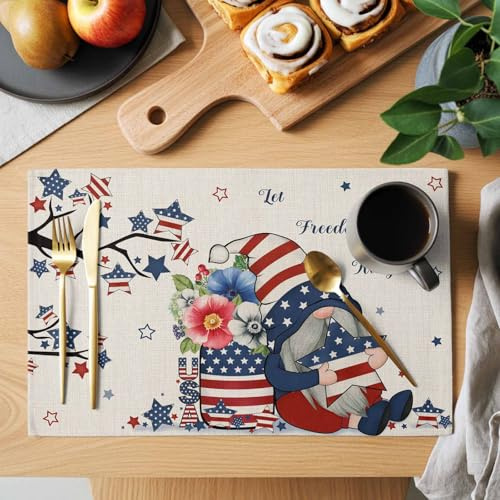 Independence Day Dwarfs Placemats Set of 4 Washable Table Mats for Holiday/Wedding Party, Indoor Outdoor Place Mats Opium Poppy on Retro Linen Kitchen Dining Tabletop Decoration Placemat, 13x19IN