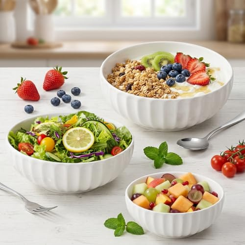 HINATDD Lot de 3 Saladier Porcelaine, Bols de Service Blanc 2500/1500/700ML | Grand Bol Soupe Saladier en Céramique pour Ramen, Céréales, Nouilles, Fruits, Va au Lave-vaisselle et au Micro-ondes
