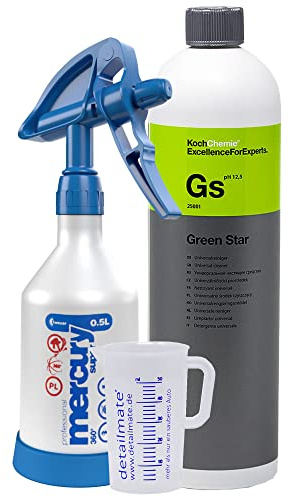 Detailmate Set aus Kwazar 360 Grad Sprühflasche, Koch Chemie Green Star Universalreiniger 1L Detailmate Messbecher 50 ml