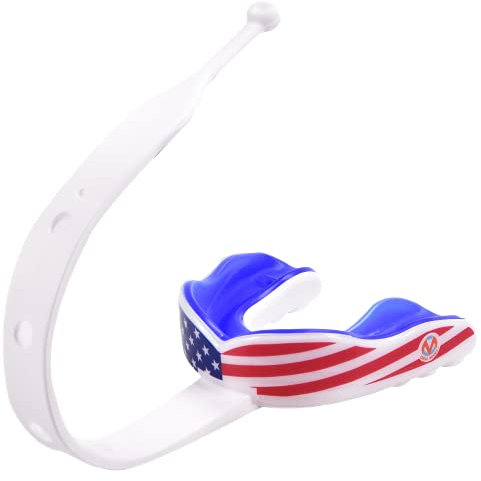 Oral Mart American Flag Strapped Sports Mouth Guard (Ice Hockey, Football, Lacrosse, Taekwondo) - Mouthguard with Connected Strap for Football, Hockey, Lacrosse (with Free Case)