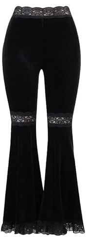 Nihsatin Women's High Waist Soft Velvet Gypsy Comfy Flare Pants Stretch 70s Bell Bottom Gothic Pants Black