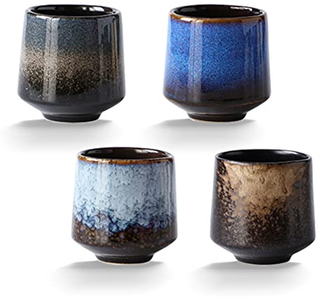 Lxuwbd Lot de 4 tasses à thé en céramique, capacité de 210,6 g, design moderne, bleu, noir, gris, Noël, anniversaire, Thanksgiving, réutilisable, robuste, émaillée, tasse à thé