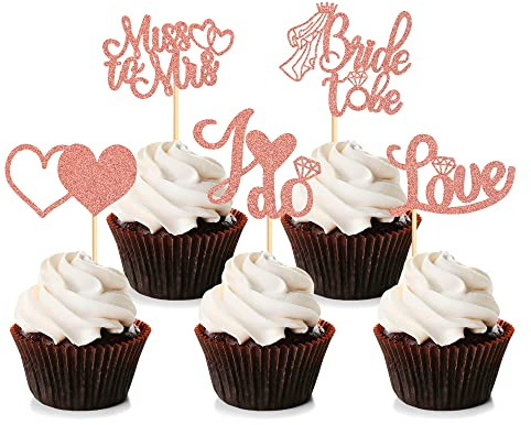 Blumomon 30Pc Bridal Shower Cupcake Toppers Glitter Diamond Ring Love I Do Cupcake Picks Miss to Mrs Bridal Shower Wedding Engagement Bachelorette Party Cake Decorations Supplies Rose Gold