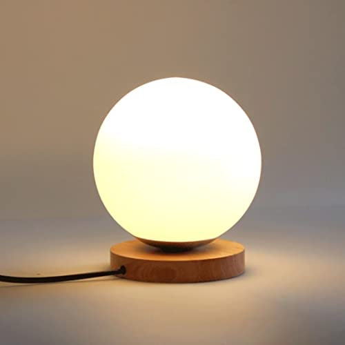 DUNMW Abat-jour boule de verre blanc lampe de table lampe de chevet veilleuse avec chargement USB avec base en bois dimmable pour salon, chambre à coucher, décoration d'intérieur