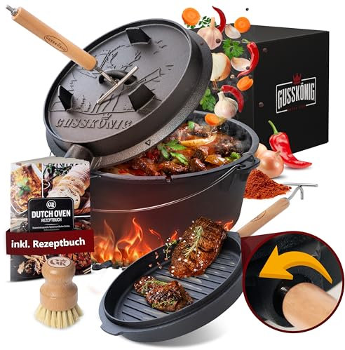 GUSSKÖNIG dutch oven Cocotte Fonte Barbecue - Cocotte Émaillée 4,5L avec Pieds - Chaudron en fonte - Double Fonction - Marmite fonte-Marmite feu de bois, Inclus : Brosse & Livre de Recettes[1-3 Pers.]
