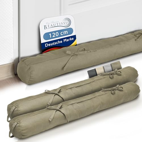 Beautissu 2x Draught Excluder for Doors with 2 Ribbons Sausage | 10x120cm large door sausage stopper Taupe for window and draft with 2 blocker insulation seal Viento