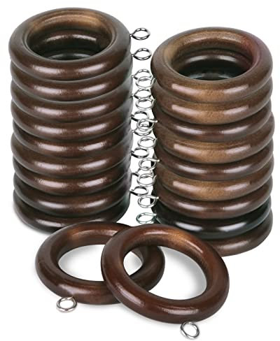 MERCURY TEXTIL- Anillas de Cortina de Madera con Gancho de Acero Inoxidable, Arandelas para Barra de Cortina de Cortina ø 28mm con Ojales. (Marrón, 20)