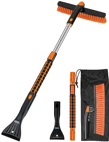 SEG Direct Schneebesen mit Eiskratzer, Teleskop Ausziehbare Auto Schneebürste mit Schaumstoffgriff, Abnehmbarem Griff, für Windschutzscheiben Fenster von LKW SUV, 92cm, Schwarz und Orange