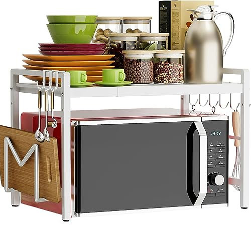 devesanter Erweiterbares Mikrowellen Regal 2-stufiges Mikrowellenständer mit 6 Haken Mikrowellen Aufbewahrungsständer Küchen-Organizer-Rack für Arbeitsplatte, Ausziehbar von 40-64cm Weiß