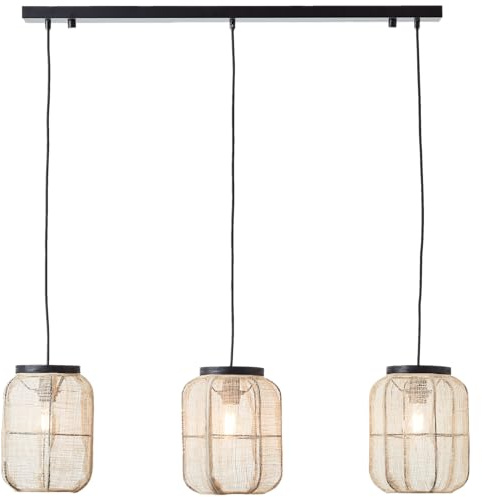 Lightbox kürzbare Hängelampe - Boho Pendelleuchte mit besonderen Lichteffekt durch Stoff Schirmen - 3 x E27, max. 52 W - aus Metall/Textil/Holz - in Schwarz/Natur