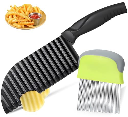 Saleependent 2 Stück Wellenschneider,Wellenschneider Kartoffelme,1 Crinkle Cutter&1 Pommes Wellenmesser Edelstahl mit Schützendem,Wellenschneider für Obst und Pommes