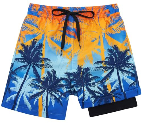 Kids4ever Badshorts för pojkar med kompressionsfoder, 2-i-1, snabbtorkande badbyxor, brädshorts, strandshorts med fickor 7-18 år, Hawaii, 18 år