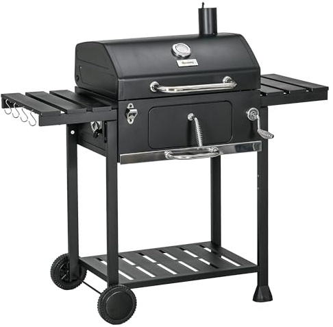Outsunny Holzkohlegrill, Campinggrill mit zwei Grillrost, klappbar Seitenablage, Grillwagen mit Regal, Griff für BBQ, Edelstahl, Schwarz, 120 x 64 x 114 cm
