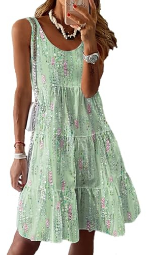 Yeenily Vestito Donna Stampa Floreale Abito Estivo Vintage Elegante Senza Manica Vestiti Casual Corta Abiti da Spiaggia (Verde, XL)